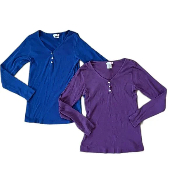2 Bundle Women's Henley Long Sleeve PJs Pajama Top Shirts sz medium by Pink K - Picture 1 of 4
